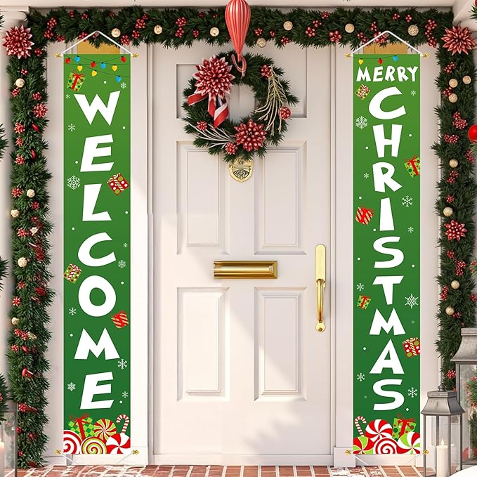 Ivenf Outdoor Christmas Decorations Yard: Cute Green White Front Porch Sign Banner, Welcome Merry Christmas Candy Decorations for Home, Indoor Outdoor Xmas Wall Front Door Yard Garage Décor