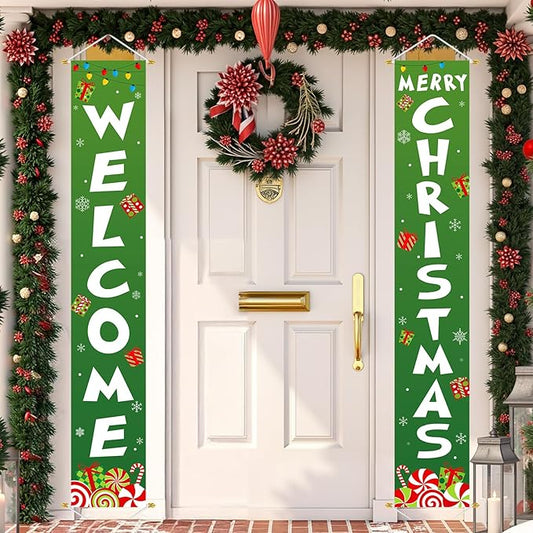 Ivenf Outdoor Christmas Decorations Yard: Cute Green White Front Porch Sign Banner, Welcome Merry Christmas Candy Decorations for Home, Indoor Outdoor Xmas Wall Front Door Yard Garage Décor