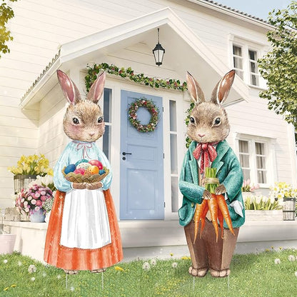 Capoda 2 Pack Easter Decorations Outdoor Yard Signs Bunnies 32.2 x 12.9 Inch Easter Eggs Yard Stake with H Stands for Holiday Party Spring Patio Lawn Garden Decor(Bunny Style)