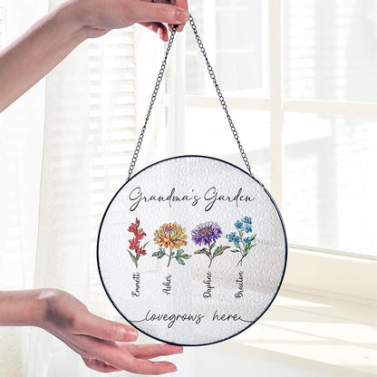 Personalized Grandma’s Garden Stained Glass Window Hanging Ornament, Custom Birth Month Flowers with Kids’ Names, Grandma Love Grows Here Floral Art Decoration, for Mom Grandma/2