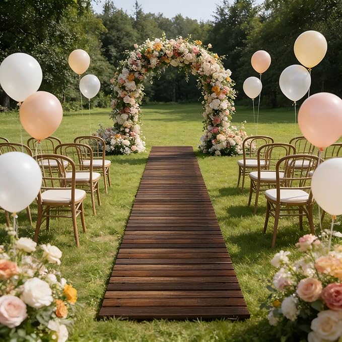 8FT Straight Wooden Garden Pathway Walkway Outdoor Roll Out Decorative Garden Non-Slip Patio Path Decorative Boardwalk Outdoor Road Floor for Backyard Beach Wedding Party