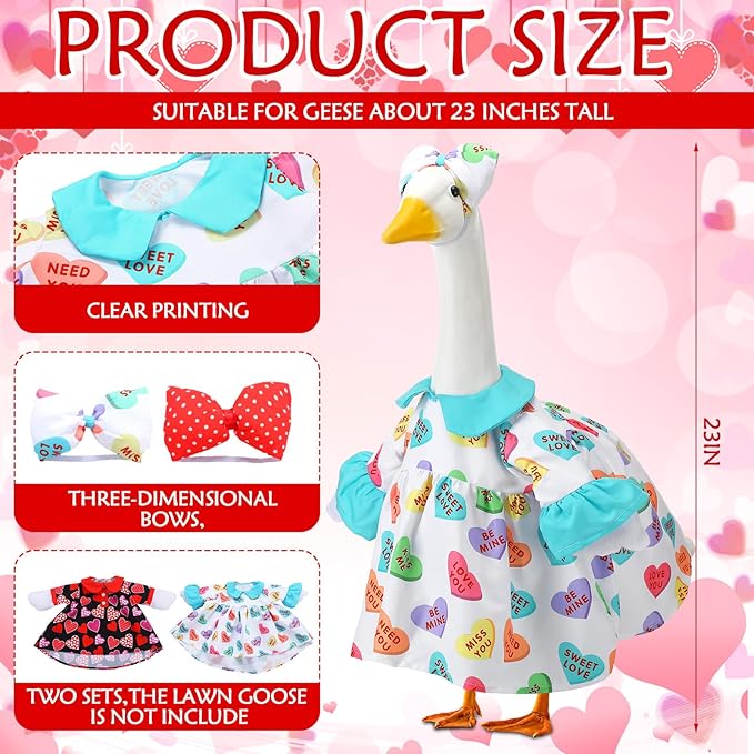 Abbylike 2 Set Weeding Porch Goose Outfit Conversation Heart Yard Goose Costume Clothes Fits Large 23'' Cement for Valentine's Day Garden Pathway Statue Decor