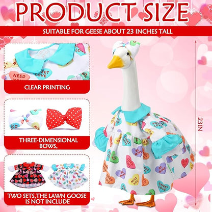 Abbylike 2 Set Weeding Porch Goose Outfit Conversation Heart Yard Goose Costume Clothes Fits Large 23'' Cement for Valentine's Day Garden Pathway Statue Decor
