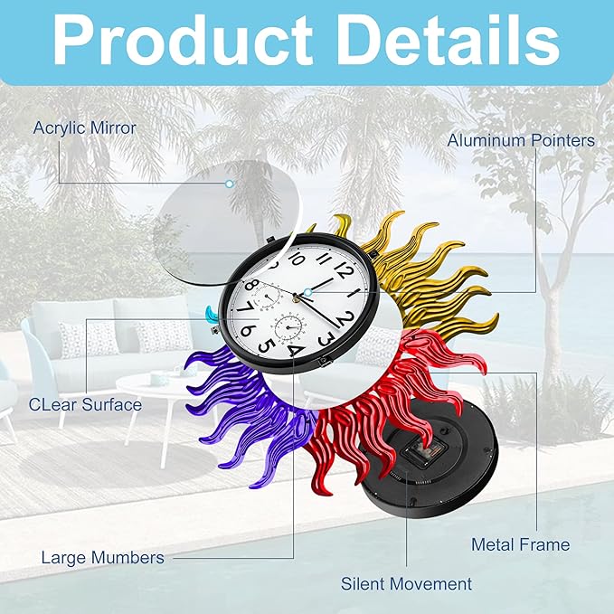 Garden Outdoor Clocks with Thermometer and Hygrometer Combo, Silent No-Ticking Outdoor Wall Rainbow Clocks, Waterproof Outdoor Clocks Vintage Copper Sun, 18.5 Inch