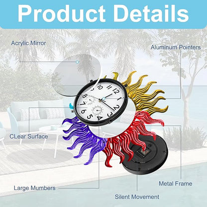 Garden Outdoor Clocks with Thermometer and Hygrometer Combo, Silent No-Ticking Outdoor Wall Rainbow Clocks, Waterproof Outdoor Clocks Vintage Copper Sun, 18.5 Inch