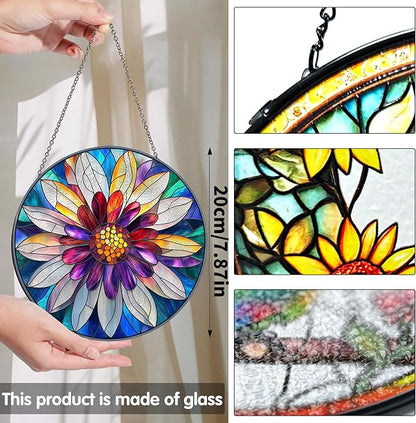Bimkole Flower Stained Glass Suncatcher Window Hanging - Petals Indoor Window or Doorway Decoration - Handmade Sun Catcher Decor for Garden Home Christmas & Birthday Gifts 7.87x7.87 inch
