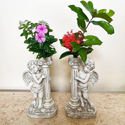 Angel Statue with Solar Lights (Left) 19.7 Inch, Outdoor Solar Angel Garden Statue with Roma Pillar for Garden Lawn Deocr, Christian Religious Gift