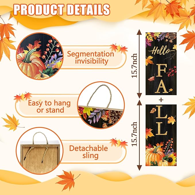 Hello Fall Porch Sign for Front Door, Autumn Wooden Welcome Sign with Maple Leaves Pumpkin for Front Porch Decorations, Fall Garden Decor Outdoor Hanging Signs Wall Sign 31.5"H