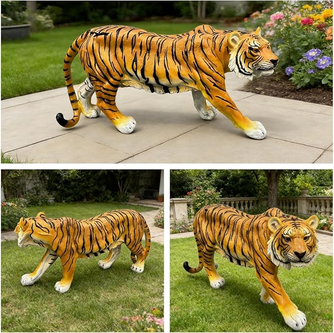 Large Realistic Orange Tiger Garden Statue - 33.46" L x 15.75" H Resin Wildlife Sculpture - Lifelike Animal Figurine Decor for Patio, Lawn, Yard, and Safari Themed Outdoor Spaces