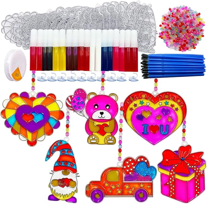 AUEKIV Valentines Suncatcher Crafts Kit 24sets Heart DIY Window Paint Art Suncatchers,Bear Sun Catchers for Valentine's Day Mother's Day Gift Exchange Classroom Art Project Party Favors