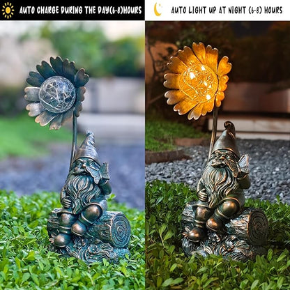 Solar Gnome Sculpture with Butterfly on Hand, Wood Base & Iron Flower Glass Ball for Outdoor Garden