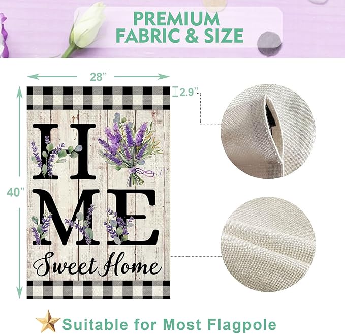 ORTIGIA Spring Summer House Flag 28 x 40 Inch Double Sided Burlap Home Sweet Home Purple Lavender Floral Flower Flag Yard Holiday Outdoor Outside Wedding Anniversary Decoration (Large)
