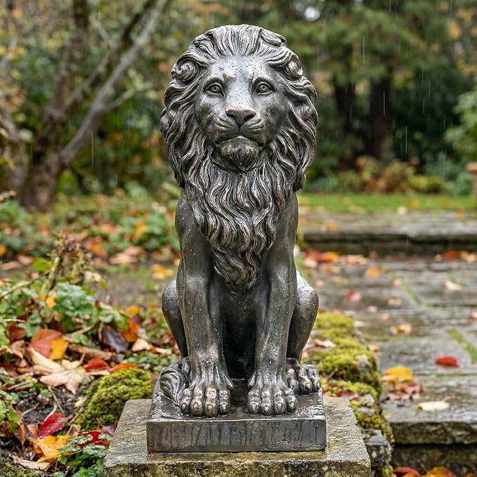 Sculptures Garden Statues, Outdoor Lion Statue 27in Tall, Magnesium Oxide Stone Composite Animal Sculpture Statue Decor for Home Decor Yard Patio Garden, Dark Gray with Gold Accents