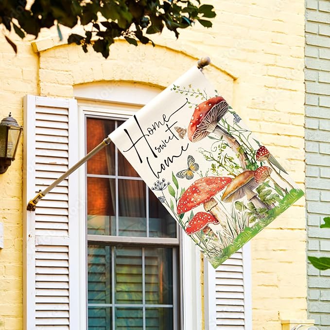 AVOIN colorlife Home Sweet Home Spring Mushrooms House Flag 28 x 40 Inch Double Sided, Seasonal Flowers Welcome Yard Outdoor Flag