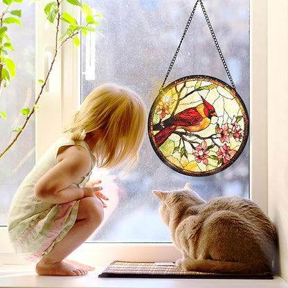 Bimkole Bird Stained Glass Suncatcher Window Hanging - Flowers Design for Indoor Window or Doorway Decoration - 7.87x7.87 inch with Chain and Hook - Unique Home Decor Gift