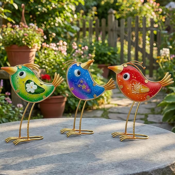 HONGLAND Garden Decor, Set of 3 Funny Metal & Glass Bird Statues for Indoor Outdoor, Colorful Yard Art with Hand-Painted Glass, Gift for Home Garden Decorations