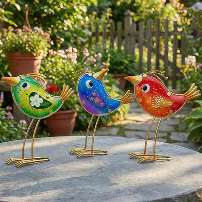 HONGLAND Garden Decor, Set of 3 Funny Metal & Glass Bird Statues for Indoor Outdoor, Colorful Yard Art with Hand-Painted Glass, Gift for Home Garden Decorations
