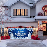 IVN Merry Christmas Happy New Year Garage Door Banner 13x6 ft Christmas Garage Door Wnter Scene Background Indoor Outdoor Blue Snowflake Tree Holiday Decorations for Home Wall Backdrop Decor