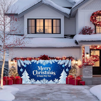 IVN Merry Christmas Happy New Year Garage Door Banner 13x6 ft Christmas Garage Door Wnter Scene Background Indoor Outdoor Blue Snowflake Tree Holiday Decorations for Home Wall Backdrop Decor