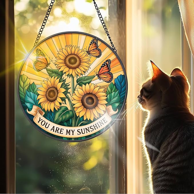 VAIIEYO Sunflower Sun Catcher Stained Glass Window Hanging Ornament, Handmade Sun Catcher Flower Decoration with Hooks for Window Garden Home, Mother's Day & Birthday Housewarming Gift (7.8 inch)