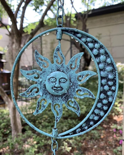 Sun and Moon Decorative Rain Chain, 8.5 Ft Rain Chains for Gutters, Metal Garden Decor Rain Chime, Functional Replacement Catcher Chains for Outside Downspouts, Rotational Sun Face Design