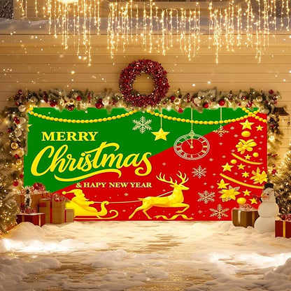 IVN Christmas Garage Door Cover Decoration 13x6ft Snowy Night Trees with Green Red Sleigh Scene Deer Merry Christmas Garage Door Banner Home Door Front Yard Decor for Xmas Eve Holiday Outdoor