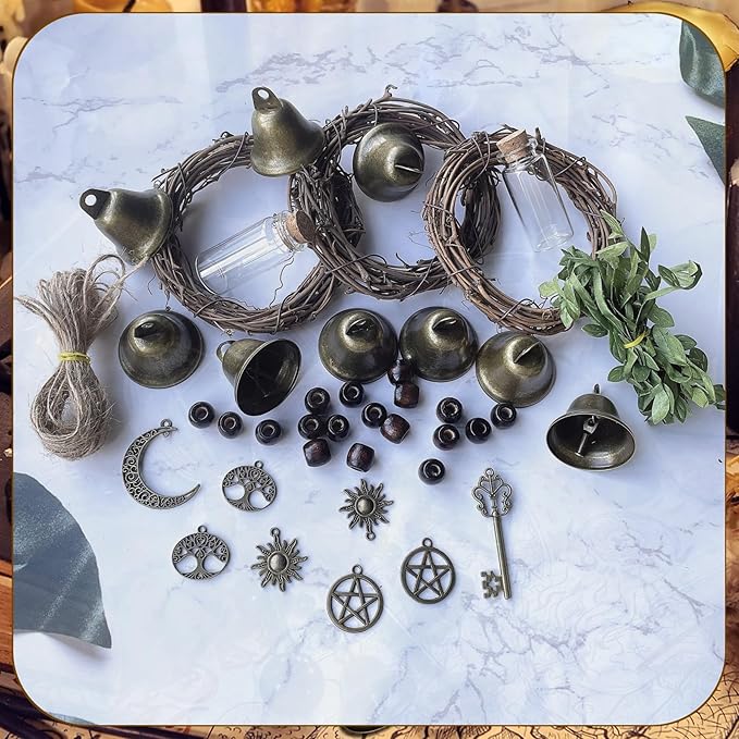 44 Pcs Witch Bells DIY Kit for Door Knob, with Wreaths Protection Witch for Bell Witchy Decor Hanging Wall Home Bedroom Garden Witchcraft Decorations Witches Wind Chimes Decor Retro Color