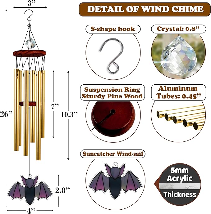 Halloween Bat Gothic Wind Chime for Outside Halloween Decoration Spooky Bat Suncatcher Crystal Rainbow Ornament Bat Flying Wind Chimes Outdoor for Porch Witchy Garden Gifts for Bat Lovers Friends