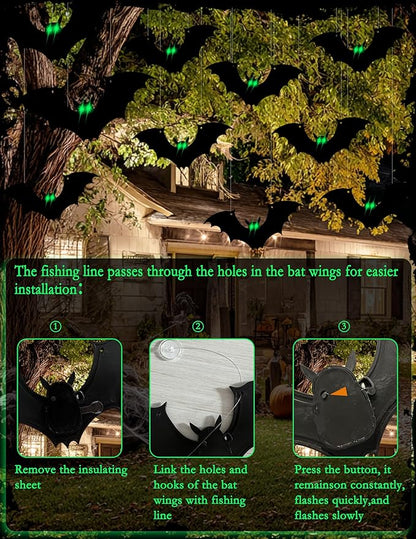 Hanging Bats Halloween Decorations, 12Pcs Halloween Bats with Night Auto-On/Off, Scary Green LED Eyes 3D Bat Wall Decor, Light Up Bat 3 Modes, Outdoor and Indoor Tree Yard Party Decor