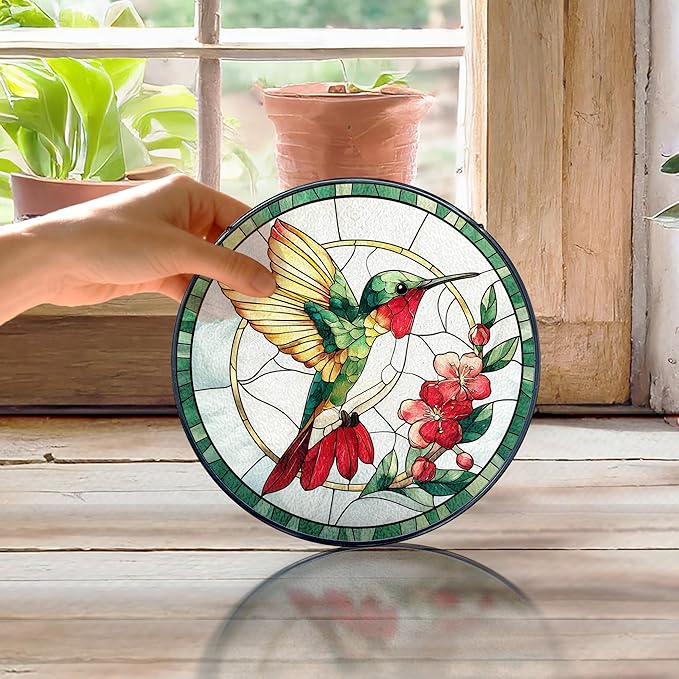 Hummingbird Stained Glass Window Hanging, Hummingbird Suncatcher, Bird Floral Sun Catchers Indoor Window Round Glass Wall Art Hanging Decorations, 7.9x7.9in