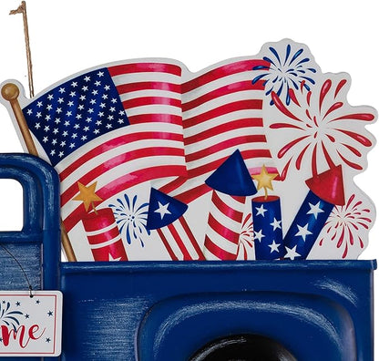 Glitzhome 23.75" H Metal Truck Patriotic Garden Yard Signs with Stake, 4th of July Welcome American Holiday Wall Outdoor Backyard Party Patriot's Day Decon