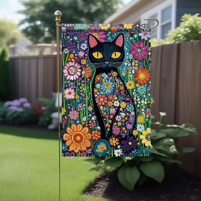 Spring Summer Garden Flag 12x18 Inch Black Cat Colorful Floral Art Design Outdoor Yard Porch Lawn Garden for Seasonal Farmhouse Boho Home Decor