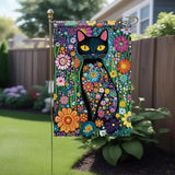 Spring Summer Garden Flag 12x18 Inch Black Cat Colorful Floral Art Design Outdoor Yard Porch Lawn Garden for Seasonal Farmhouse Boho Home Decor