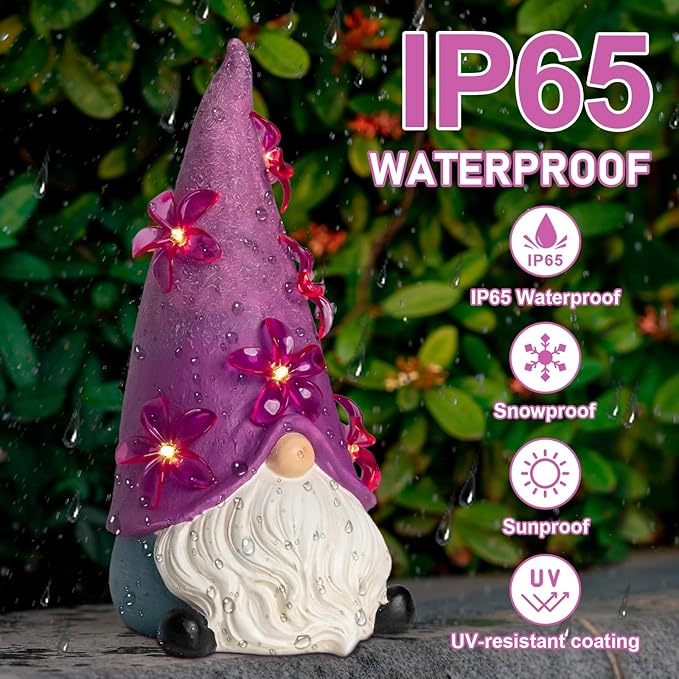 twinbling Solar Garden Outdoor Statues Gnome with Green Flower Lights, Resin Lawn Decor, Gnomes Decorations for Yard, Patio, Home, Balcony (Purple)