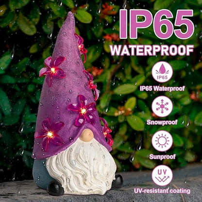 twinbling Solar Garden Outdoor Statues Gnome with Green Flower Lights, Resin Lawn Decor, Gnomes Decorations for Yard, Patio, Home, Balcony (Purple)