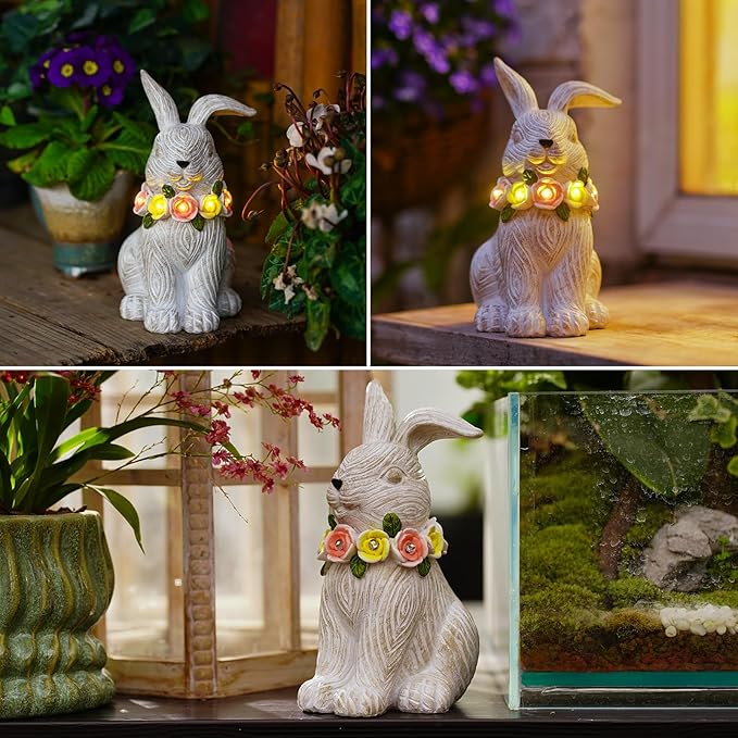 Solar Rabbit Garden Statue - Bunny Decor with Solar Flowers LED Lights Outdoor Yard Garden Decor - Unique Easter Gifts for Mon Women