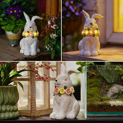 Solar Rabbit Garden Statue - Bunny Decor with Solar Flowers LED Lights Outdoor Yard Garden Decor - Unique Easter Gifts for Mon Women