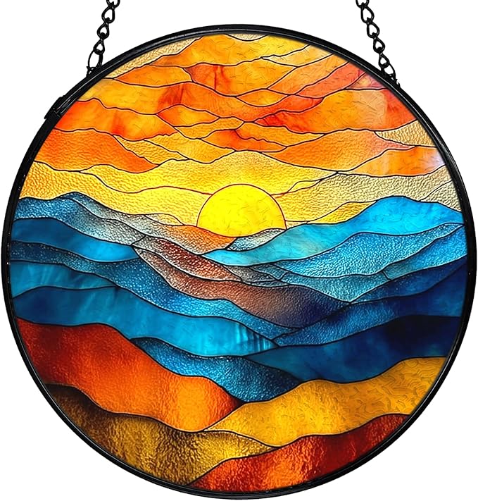 Mountain Sunset Suncatchers Stained Glass Window Hanging, Nature Mountain Landscape Sun Catchers Indoor Window Glass Round Wall Decor, Nature Wall Hanging Decorations, 7.9x7.9in