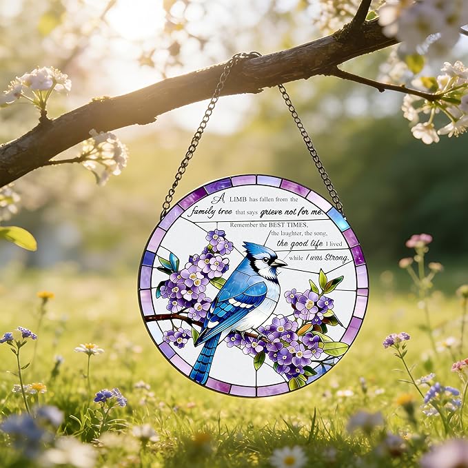 Stained Glass Window Hanging 7.8 in Memorial Ornaments with Poem Sympathy Gifts for Loss of Loved One Sun Catchers Indoor Window Bird Ornaments Suncatcher Decor