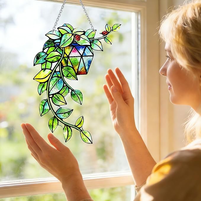 Plant Suncatcher Glass, Stained Glass Suncatcher Plant Window Hanging, Unique Nature Lover Gifts Leaf Idea