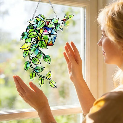 Plant Suncatcher Glass, Stained Glass Suncatcher Plant Window Hanging, Unique Nature Lover Gifts Leaf Idea