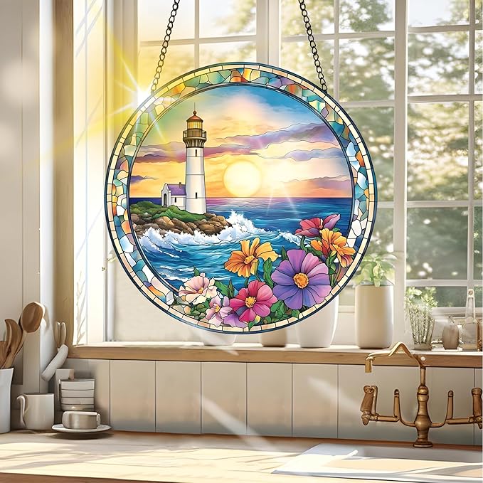 VAIIEYO Lighthouse Sun Catcher Stained Glass Window Hanging Ornament, Handmade Sun Catcher Flower Decoration with Hooks for Window Garden Home, Mother's Day & Birthday Housewarming Gift (7.8 inch)