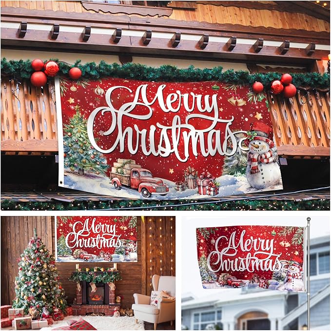 Christmas Flag Decoration 3x5 Ft Carnival Garden Banner Outdoor, Yard Flags Double Sided Printed Indoor Home House Decor Party Supplies Yard Sign Background for Photography(Christmas Tree/Truck/Snow)