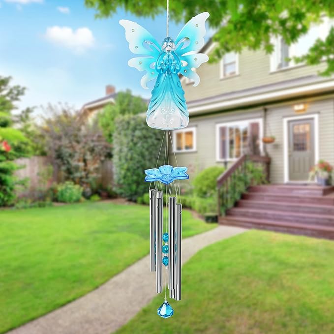 Exhart Wind Chimes, Solar Angel Wind Chime with Metal Wings, 13 LED Firefly Lights, Blue Acrylic Large Lawn and Yard Decoration, 6.5 x 4 x 42 Inch
