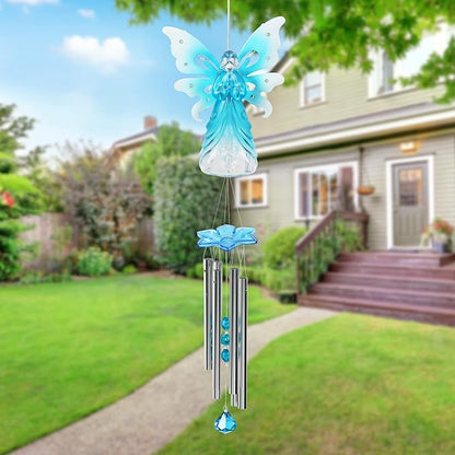 Exhart Wind Chimes, Solar Angel Wind Chime with Metal Wings, 13 LED Firefly Lights, Blue Acrylic Large Lawn and Yard Decoration, 6.5 x 4 x 42 Inch