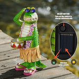 TOLIMI Hawaiian Alligator Garden Statue with LED Floral Garland - Fun Tropical Outdoor Decor, Resin Crocodile Figurine in Hula Skirt for Yard, Patio, or Home