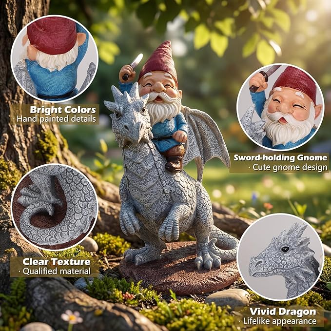 EXYGLO Gnome Garden Decor Statue, 9.7" Gnome Riding Dragon Outdoor Funny Decoration for Lawn, Patio, Yard, and Unique Housewarming, Birthday Ornament Gift for Boys, Friend, Family