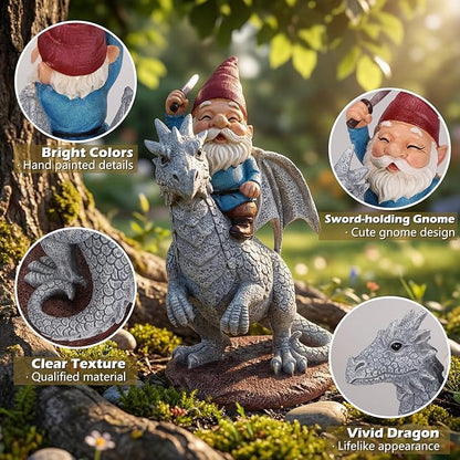 EXYGLO Gnome Garden Decor Statue, 9.7" Gnome Riding Dragon Outdoor Funny Decoration for Lawn, Patio, Yard, and Unique Housewarming, Birthday Ornament Gift for Boys, Friend, Family