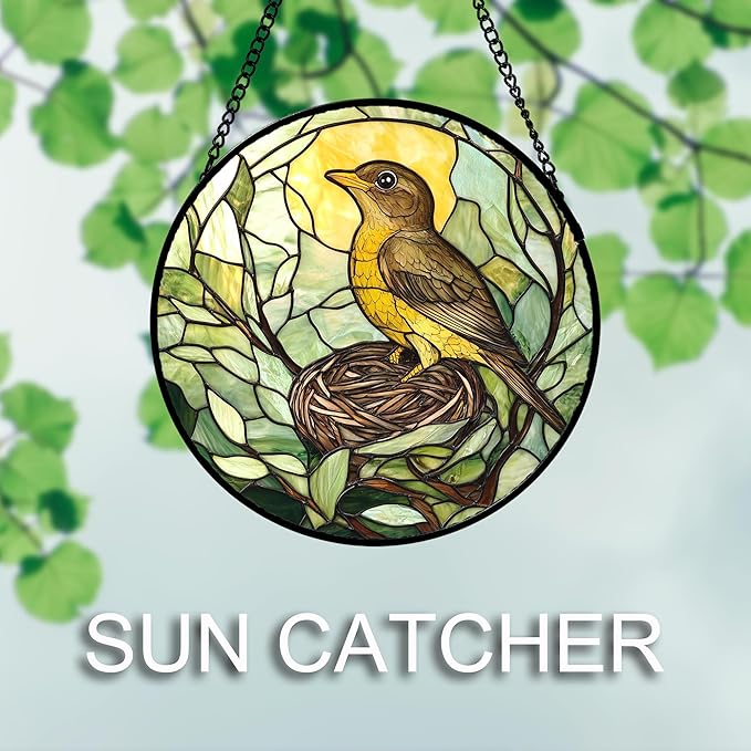 DASTOLL Stained Glass Window Hanging 4 Pcs Set Bird Theme On Branch 9.8" - Cardinal Suncatcher Door Garden Sun Catcher Decor Birthday Christmas for Mom Woman Nana Men