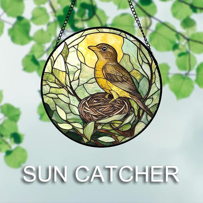 DASTOLL Stained Glass Window Hanging 4 Pcs Set Bird Theme On Branch Large 15" - Cardinal Suncatcher Door Garden Sun Catcher Decor Birthday Christmas for Mom Woman Nana Men